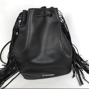 Victoria’s Secret Black Fringe Backpack Bucket Drawstring Bag - Limited Edition